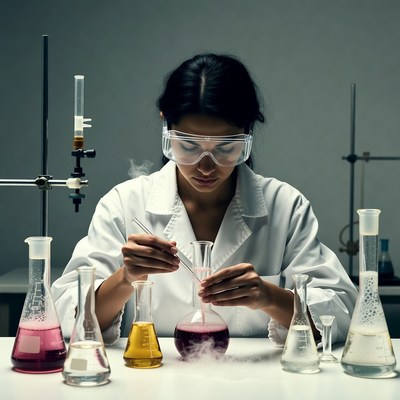 Asian woman scientist mixing chemicals
