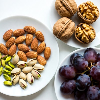 Assorted Nuts and Grapes on Plates