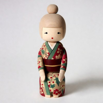 Kokeshi Doll in Red Green Kimono
