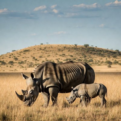 Mother Rhino with Baby in Savanna