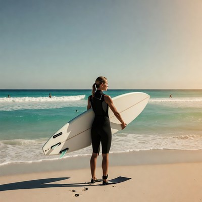 Woman holding surfboard on beach