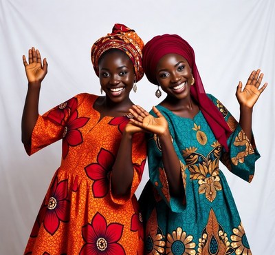 Two African women waving in African dresses
