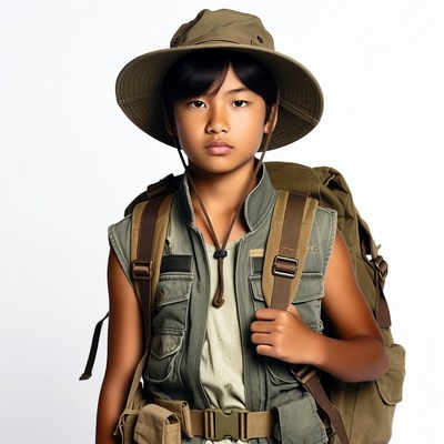 Asian boy in explorer outfit