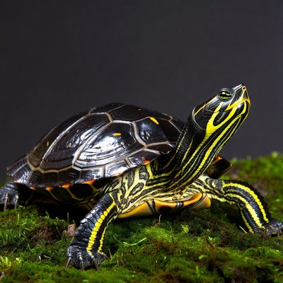Red-eared slider turtle on moss
