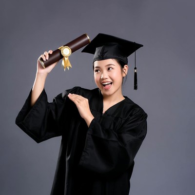 Asian woman holding graduation diploma