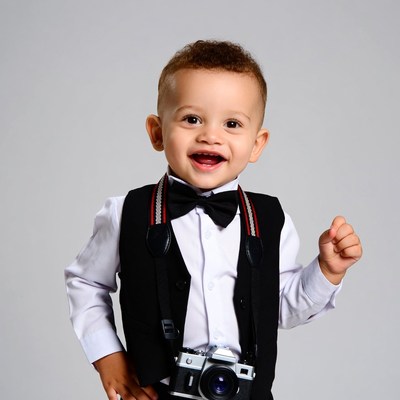 Smiling biracial baby boy with camera