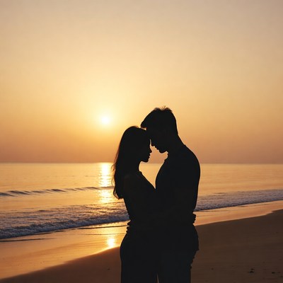 Silhouette couple embracing at sunset beach