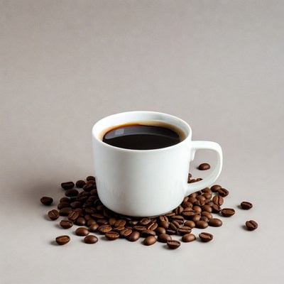 White Cup of Black Coffee with Beans