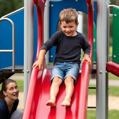 Boy sliding down red playground slide