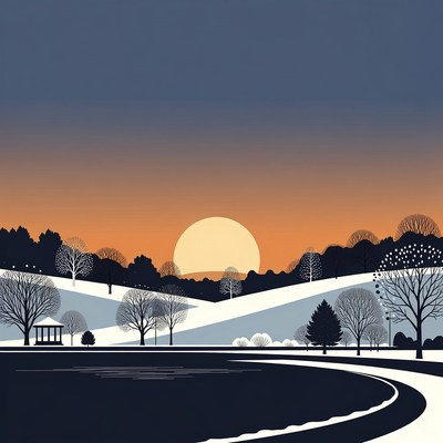 Winter Sunset Over Snowy Lake