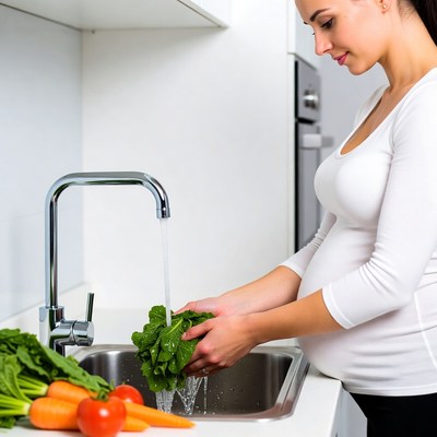 Pregnant woman washing vegetables