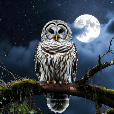 Barred Owl on Branch Under Moon