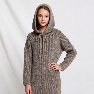 Girl wearing brown knit hoodie dress