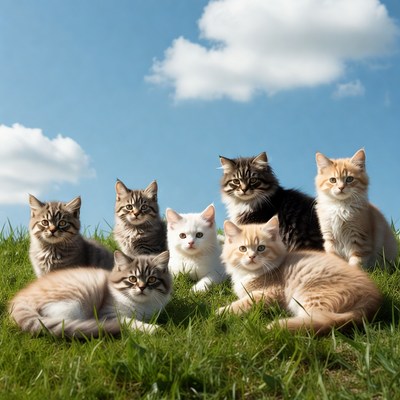 Kittens on green grass under blue sky