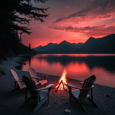 Campfire and Adirondack Chairs by Mountain Lake