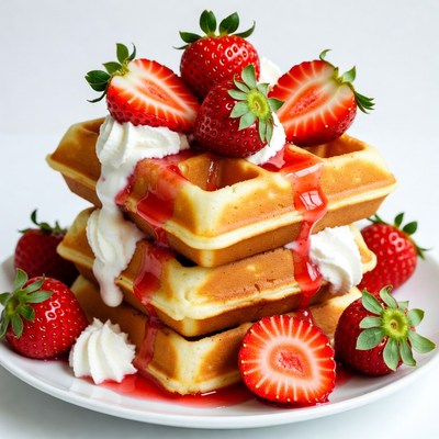 Waffles with strawberries and whipped cream