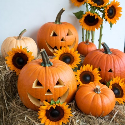 Jack-o'-lantern Pumpkins with Sunflowers