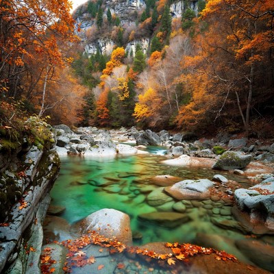 Autumn Forest with Emerald River