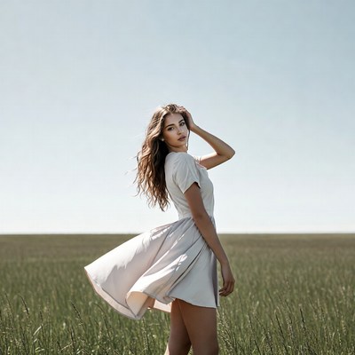 Woman in flowing dress in field