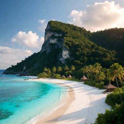 Tropical beach with cliffs and huts