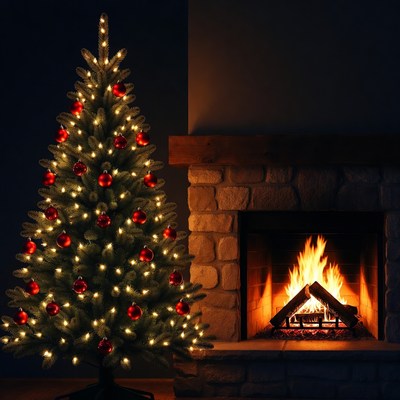 Lit Christmas Tree by Fireplace