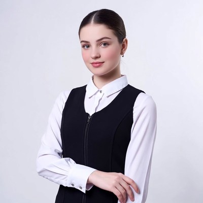 Young woman in white shirt black vest