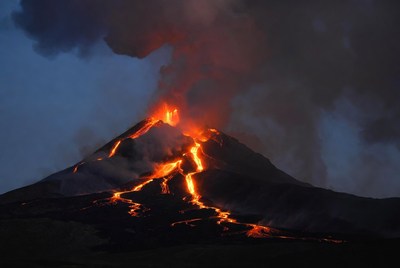 Erupting Volcano with Lava Flows
