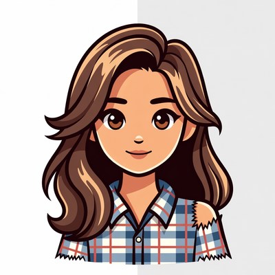 Cartoon Asian girl in plaid shirt