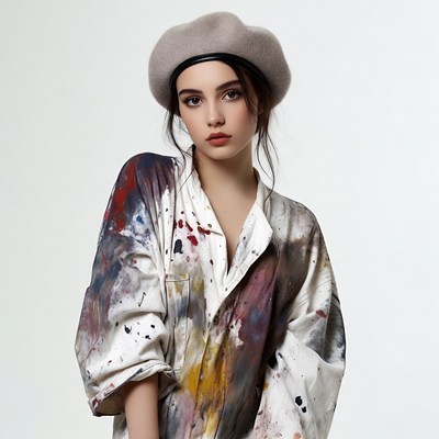 Woman in beret and paint-splattered shirt
