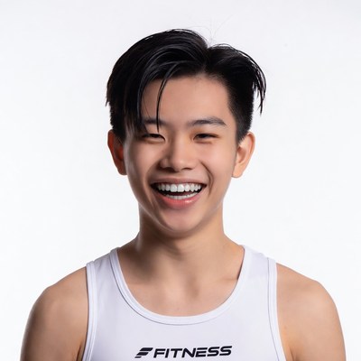 Smiling Asian teen boy in fitness tank top