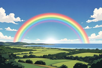 Rainbow over coastal fields