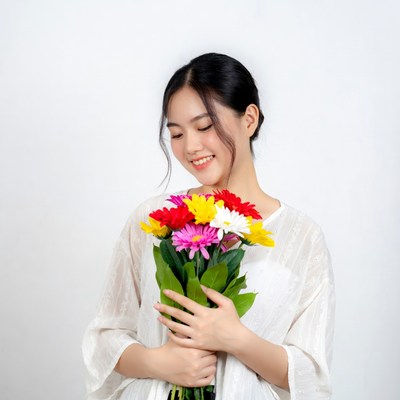 Asian woman holding colorful flowers