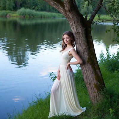 Woman in white dress by lake tree