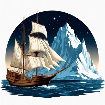 Sailing Ship Near Iceberg