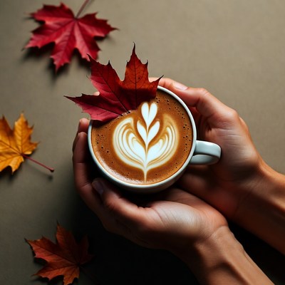 Hands Holding Latte with Autumn Leaves