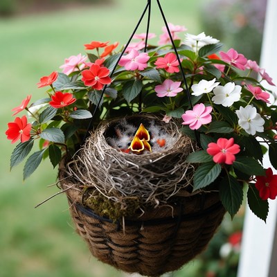 Baby birds nest in flower basket