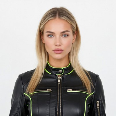 Blonde woman in black leather jacket