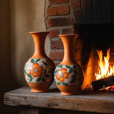 Two terracotta vases by fireplace