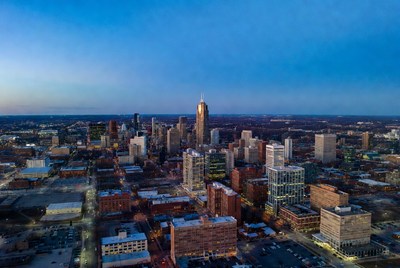 Aerial View of City Skyline at Dusk