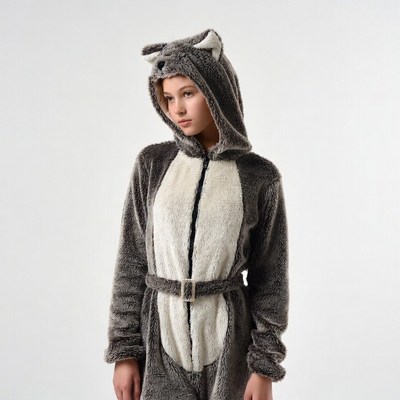 Girl in gray wolf onesie hoodie