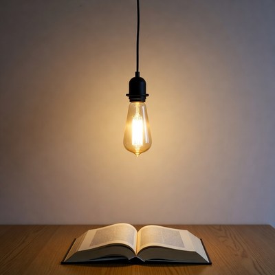 Open book under hanging light bulb