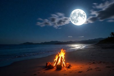 Beach Bonfire Under Full Moon