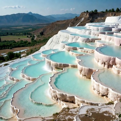 Terraced Travertine Pools in Mountains