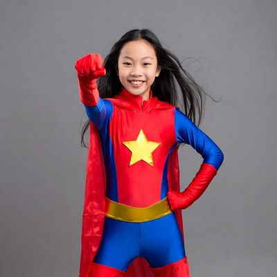 Asian girl in superhero costume