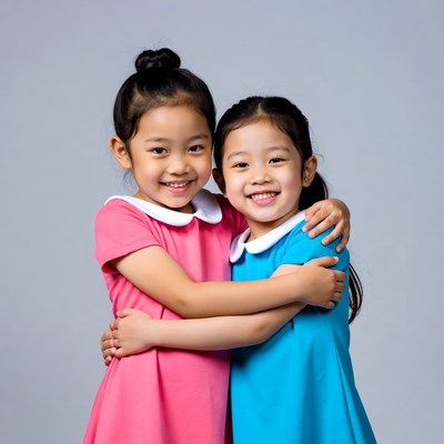Asian girls hugging in matching dresses