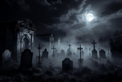 Spooky Cemetery Under Full Moon