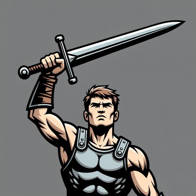 Muscular warrior holding sword