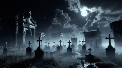 Moonlit Cemetery with Crosses and Fog