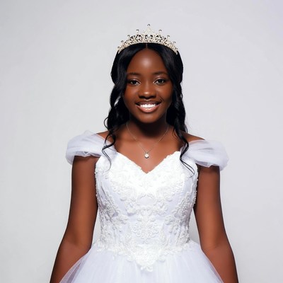 African-American woman in white gown tiara