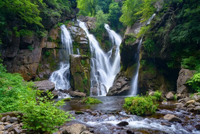 Majestic waterfall cascading in green forest